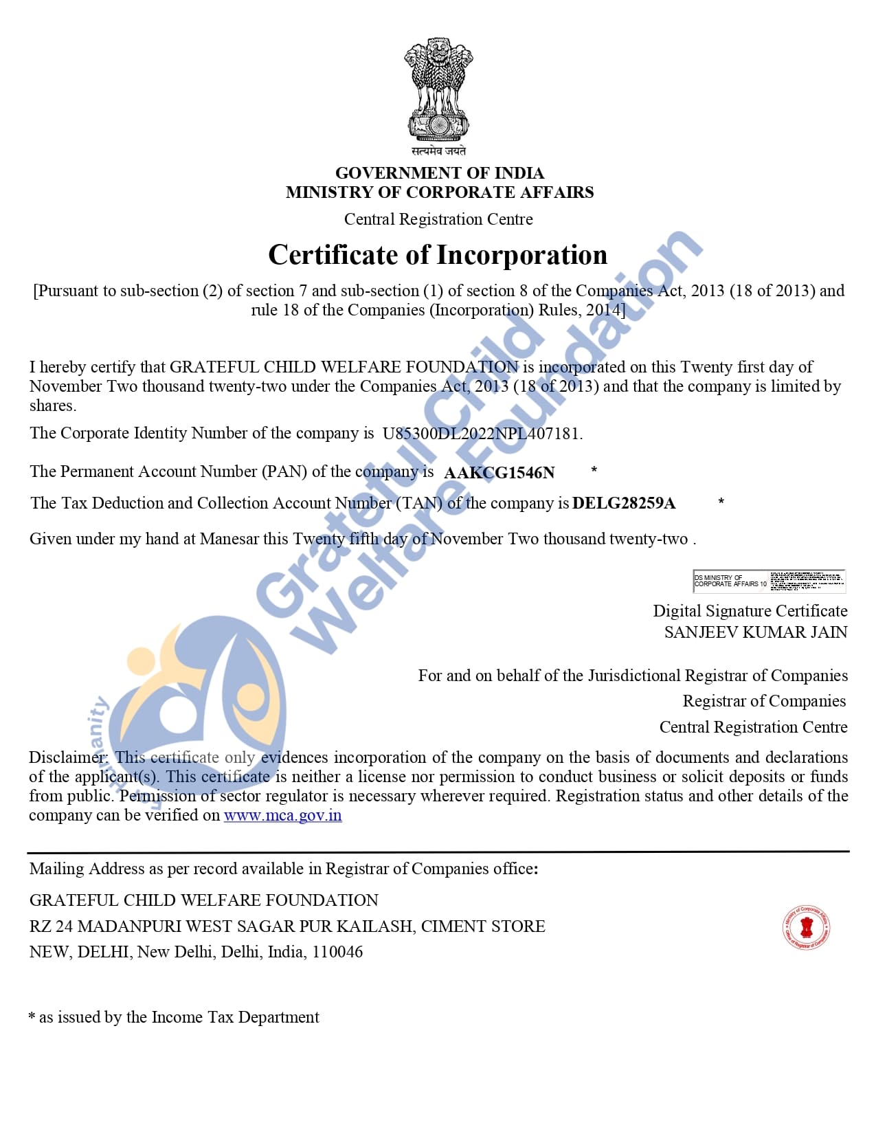 Registration Certificate of Grateful Child Welfare Foundation - GCWF (Certificate of Incorporation)